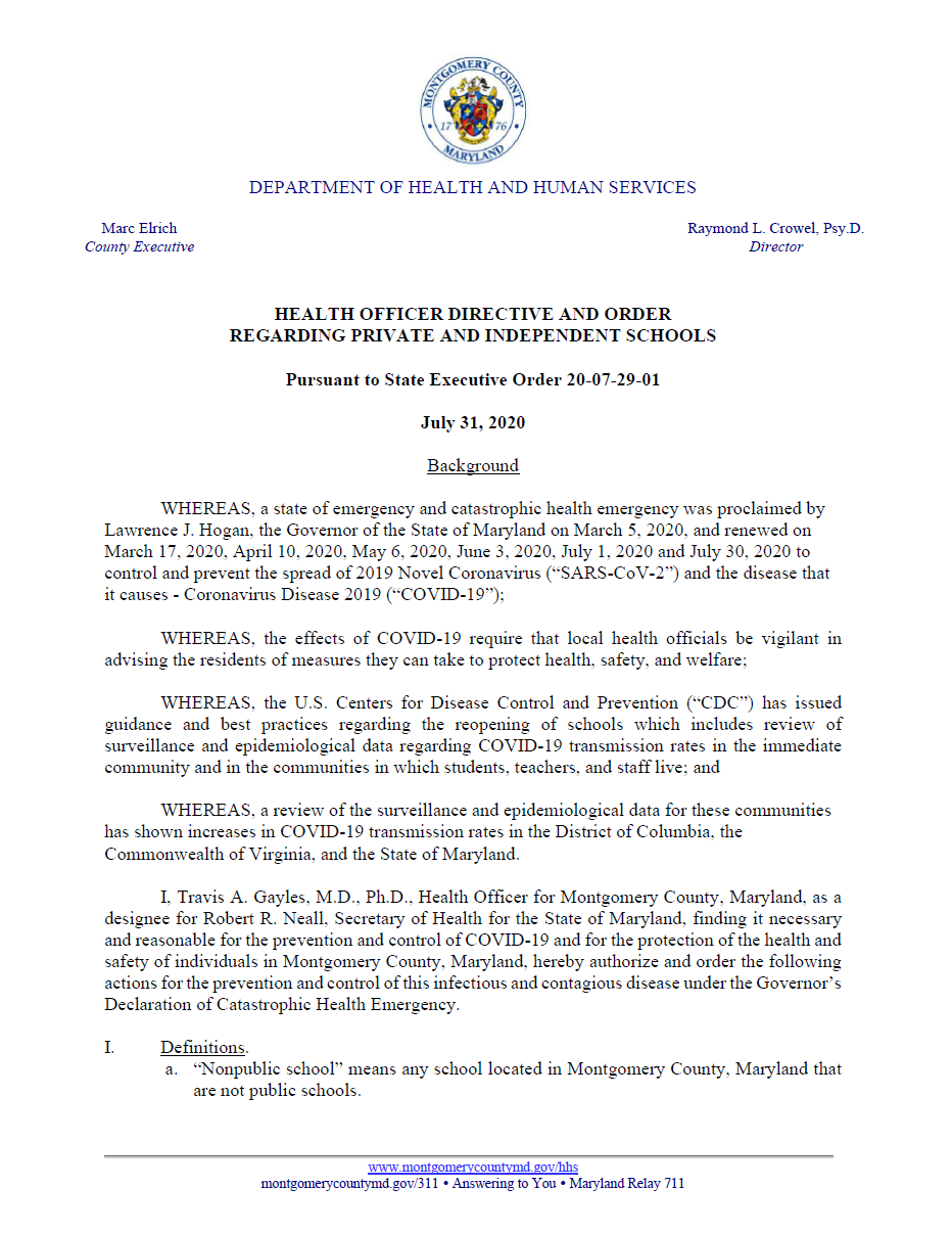 MoCo Shuts Down Private Schools for InPerson Instruction Seventh State